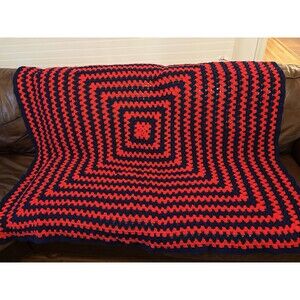 Handmade Vintage Granny Square Crocheted  Blanket Afghan Red blue Rosanne’s